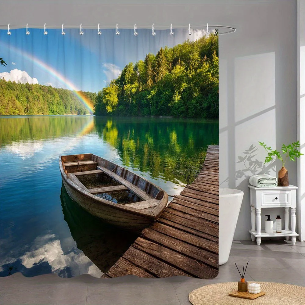 1 шт., занавеска для душа Serene Lakeside Scene — деревенский деревянный гребной катер, состаренная док-станция, спокойная бирюзовая вода, отражатель пишного зеленого леса 1 шт., занавеска для душа Serene Lakeside Scene — деревенский деревянный гребной катер, состаренная док-станция, спокойная бирюзовая вода, отражатель пишного зеленого леса