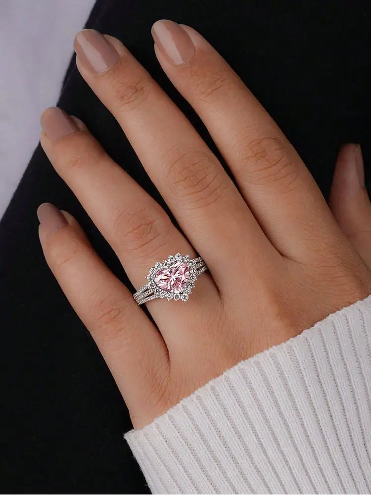 

Кольцо из стерлингового серебра 925 пробы с романтическим розовым сердечком и цирконом для женщин, обручальное свадебное простое милое ювелирное изделие высокого качества