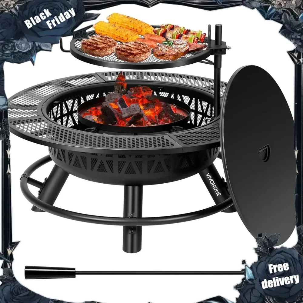 35 Inch Fire Pit with Cooking Grill Grate & Charcoal Pan, 3-in-1 Wood Burning Firepits with Cover Lid