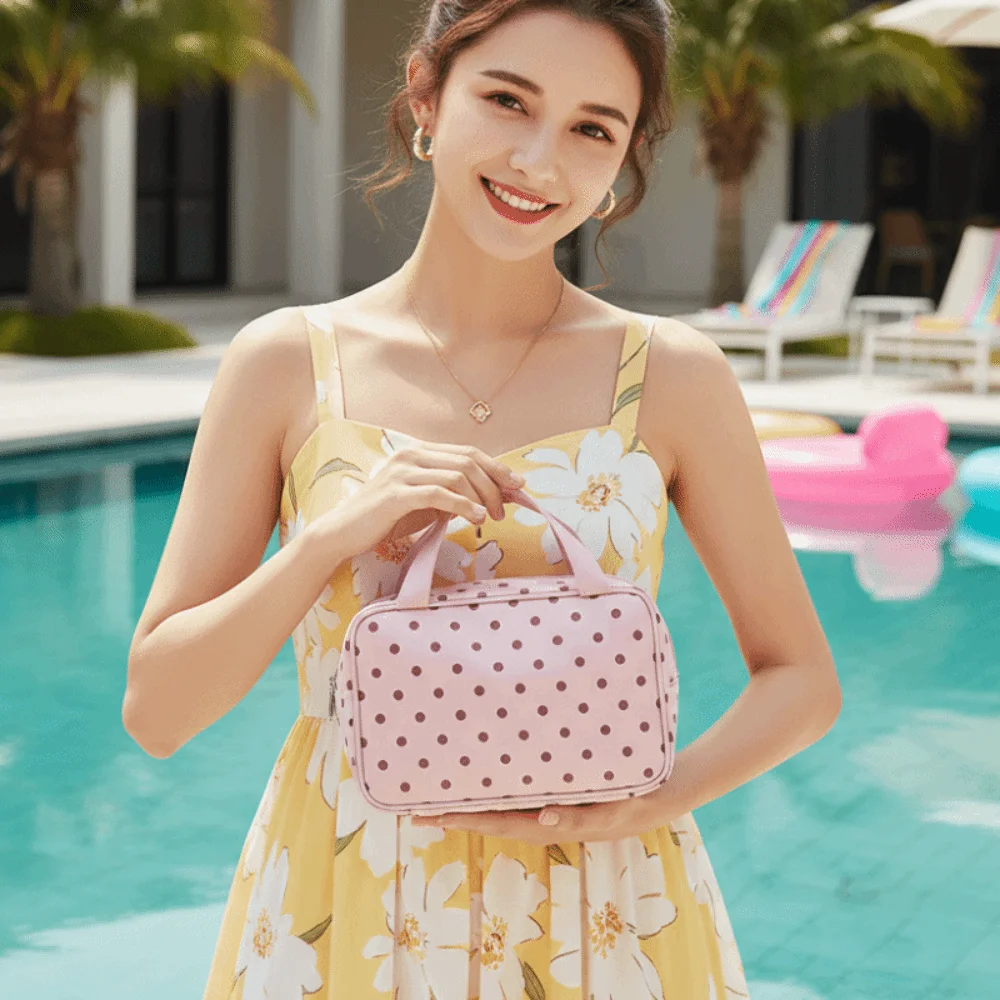 

Waterproof Cosmetic Bag Polka Dot Large Capacity Toiletry Case Portable Handle Rectangular Shape Travel Organizer Flight Cabin
