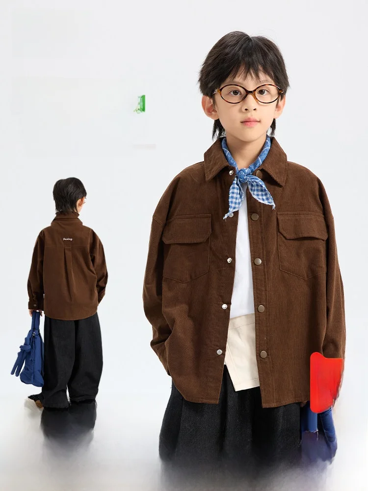 Boys' Retro Corduroy Shirt Pure Cotton Jacket Children's Outerwear Trendy Autumn New Arrival Korean Style Loose Fit Button Cl...