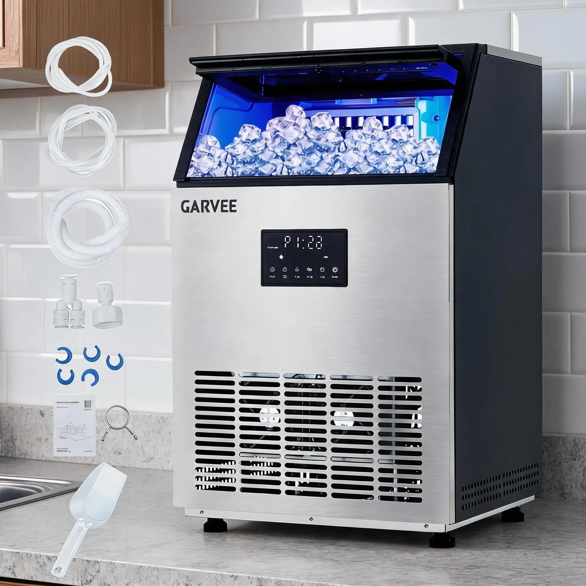 High-Capacity Commercial Ice Maker – 150 lbs/24H Fast Production, 40 lbs Storage Bin, Stainless Steel, Built-in or Freestanding, Dual Water Inlet, Auto Self-Cleaning, 3 Ice Sizes – Ideal for Home Bar and Restaurant