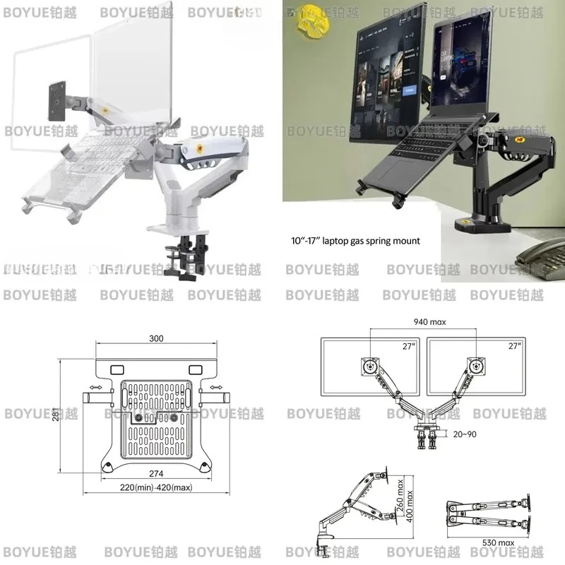 Dual Arm Monitor Stand with Laptop Tray Gas Spring Desk Mount for 17 to 27 Inch Screen and 10 to 17 Inch Notebook Adjustable