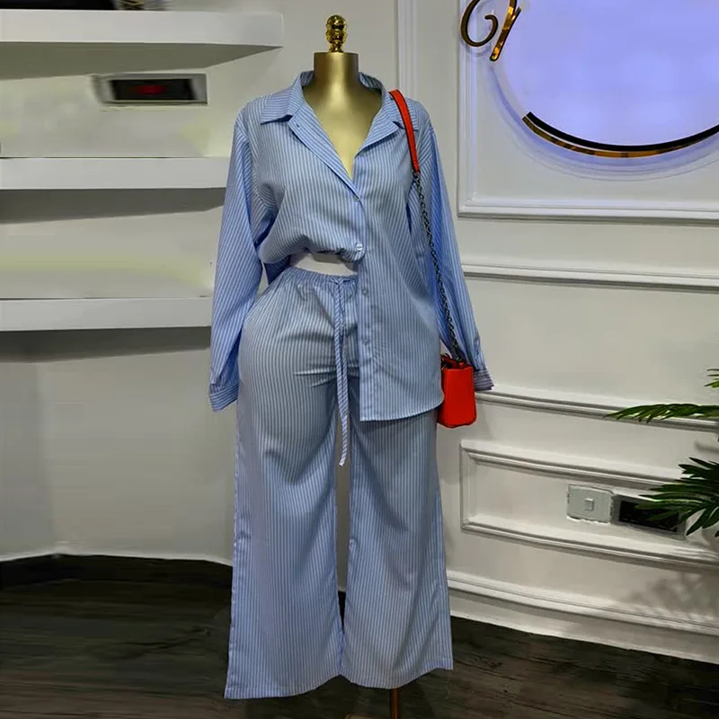 

Lapel blue striped long-sleeved shirt high waist trousers fashion suit simple and versatile temperament elegant vacation style h