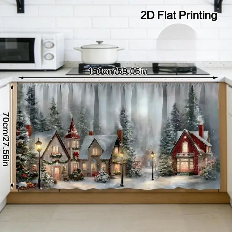 VIKAMA Christmas Cabinet Curtain Snow Village House Pine Tree Print Under Sink Cover For Kitchen Cupboard Shelf Decor