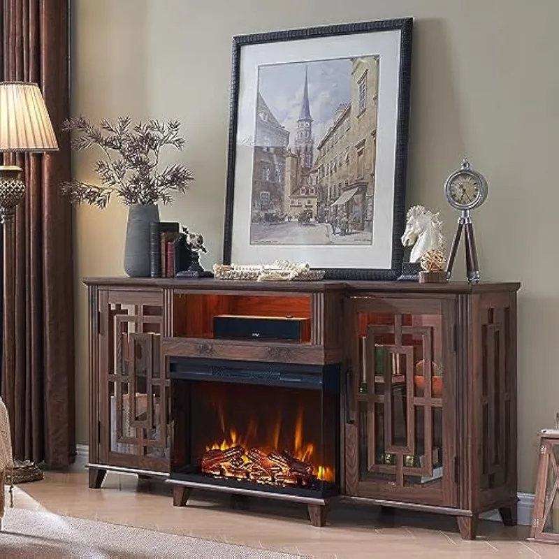 Soporte para TV de 66 pulgadas con chimenea, marrón, sala de estar, soporte para TV con chimenea 3D, acabado en roble, pantalla de vidrio templado de 3 caras
