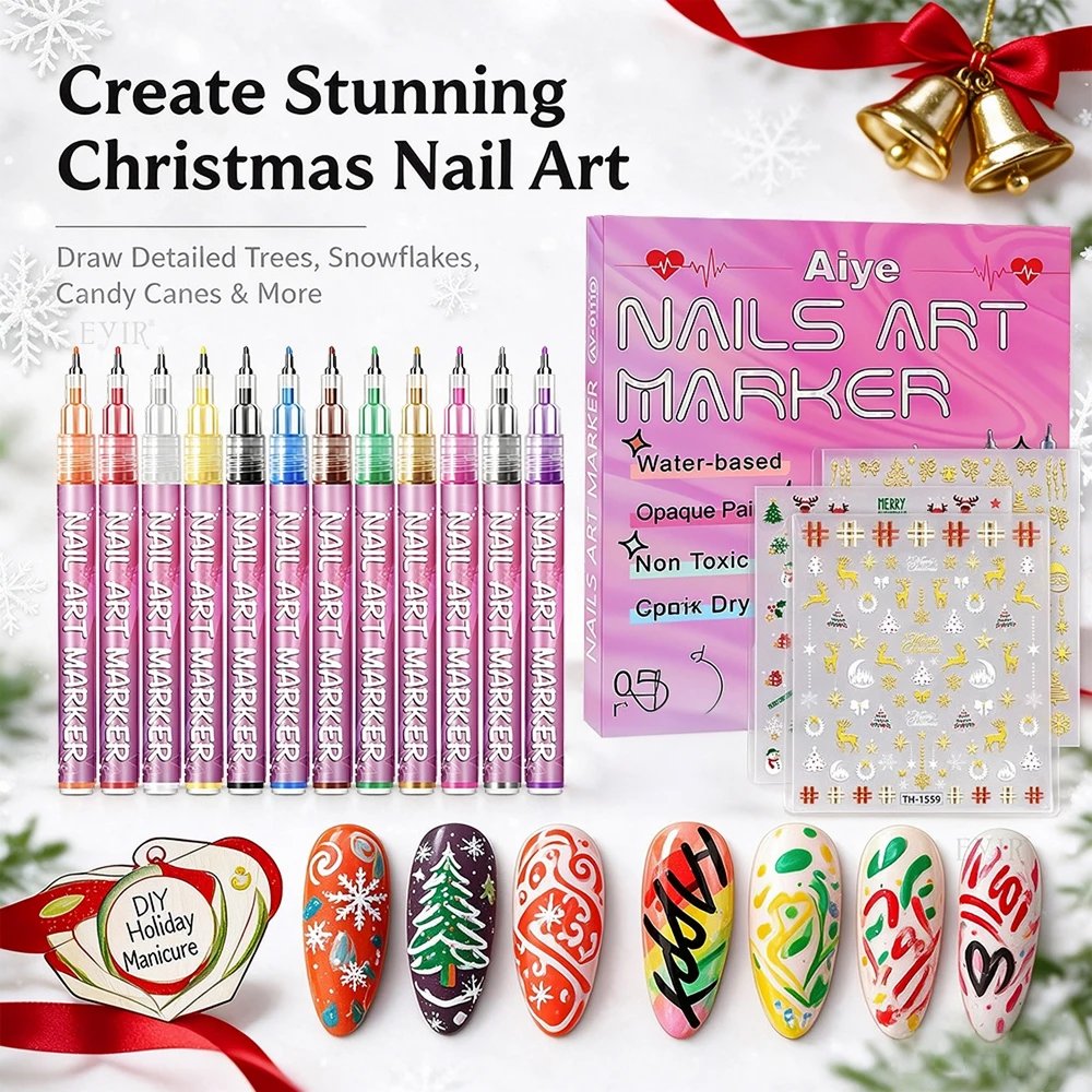 12PCS Nail Art Marker Pens 0.5mm Fine Tip Drawing Painting Pen Set with 3 Christmas Nail Stickers DIY Manicure Nail Design Tool