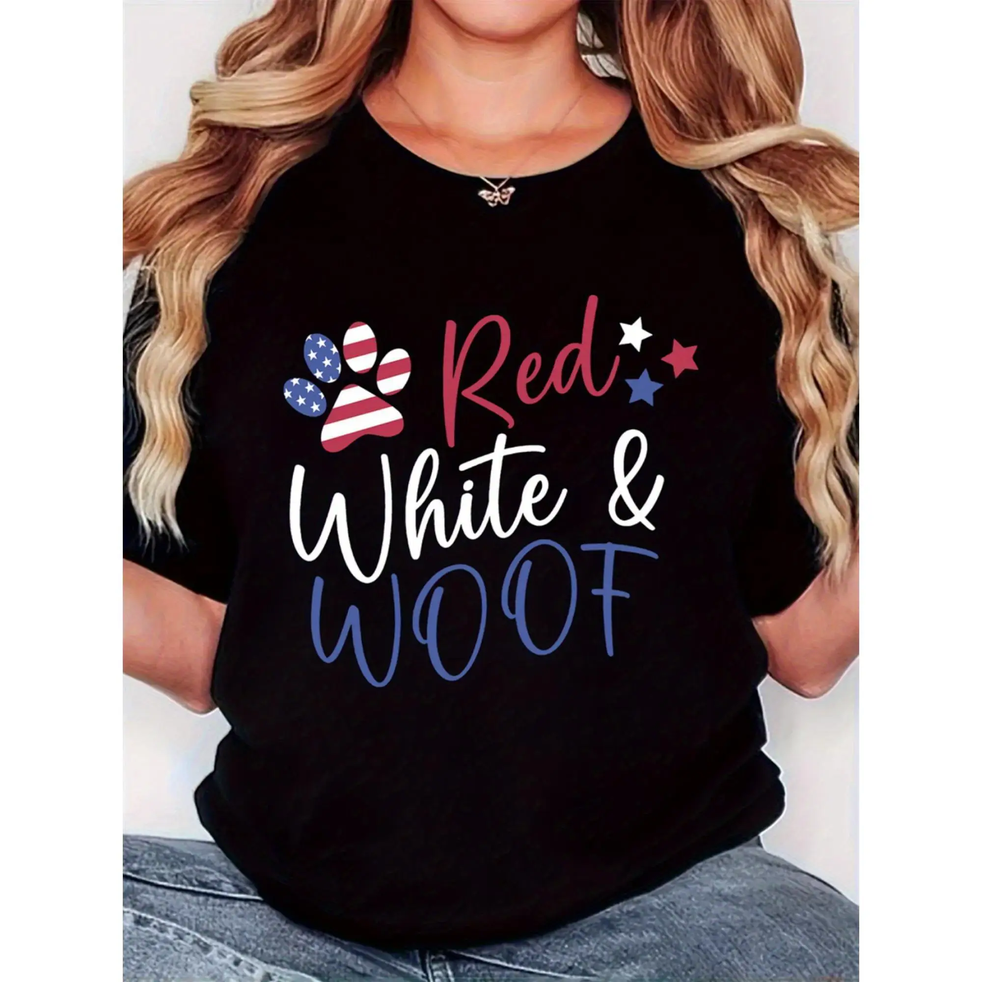 

Women'S Patriotic "Red White Woof" T-Shirt - American Flag & Dog Paw Print Design, Comfortable Short Sleeve, Casual Round Neck