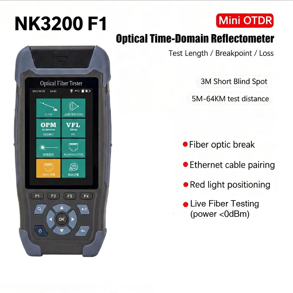 NovKer NK3200F1 Mini OTDR 8-in-1 Fiber Tester 1310nm Live Fiber Testing Expert Event Map IOLM VFL OPM 60km Reflectometer