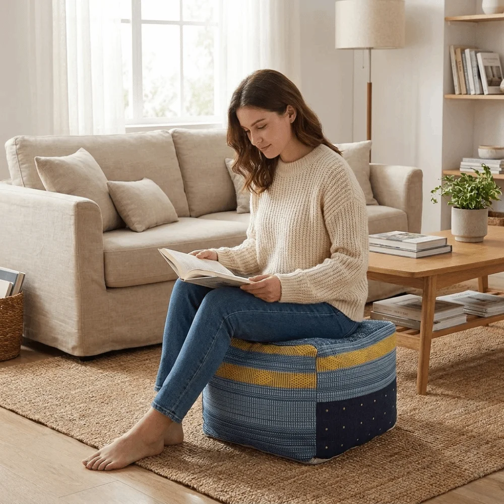Thick Footstool Cover Color-Woven Jacquard Unstuffed Pouf Ottoman Nordic Large Capacity Clothes Storage Bag Room Decor