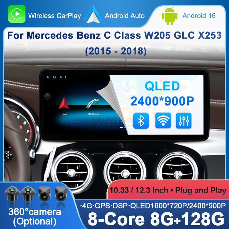 Wireless Carplay/Android Auto 12.3'' Touch Screen Multimedia Radio Receiver for Mercedes Benz C Class W205 GLC X253 2015-2018