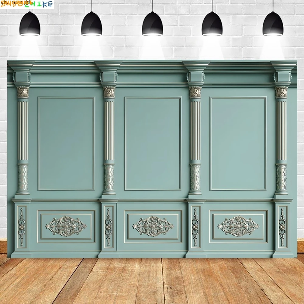 Interior Green Wall Photo Backdrop Classic Palace Interior Gypsum Line Empty Room Antique Roman Column Photography Background