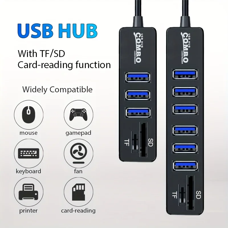 

1 PC NIUTOUBIRD 3-Port USB 2.0 Hub with TF/SD Card Reader, USB Data Splitter, Plug and Play, Black, 5V, USB Power Mode