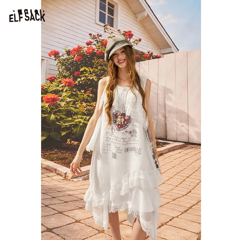 

ELFSACK Strawberry Print Asymmetric Lace Tank Dress, Ribbed Knit Oversized Sleeveless Dress, Sweet Casual Daily Wear for Women