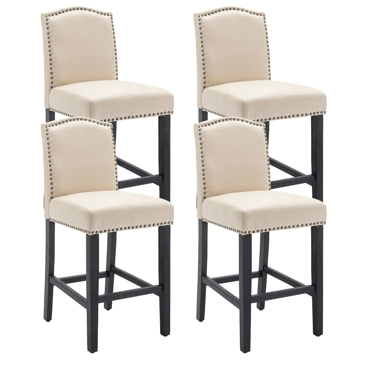

26in Upholstered High Back Counter Height Bar Stool with Nail Heads Solid Wood Set of 4 Beige, Customized