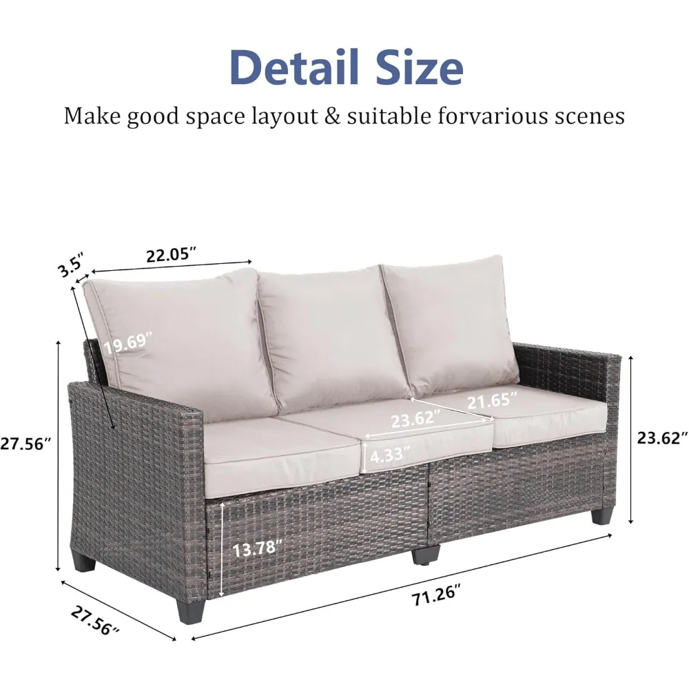 Sofá de pátio para todos os climas, sofá externo de 3 lugares com encosto alto e almofadas grossas, móveis para sofá ao ar livre com vime premium