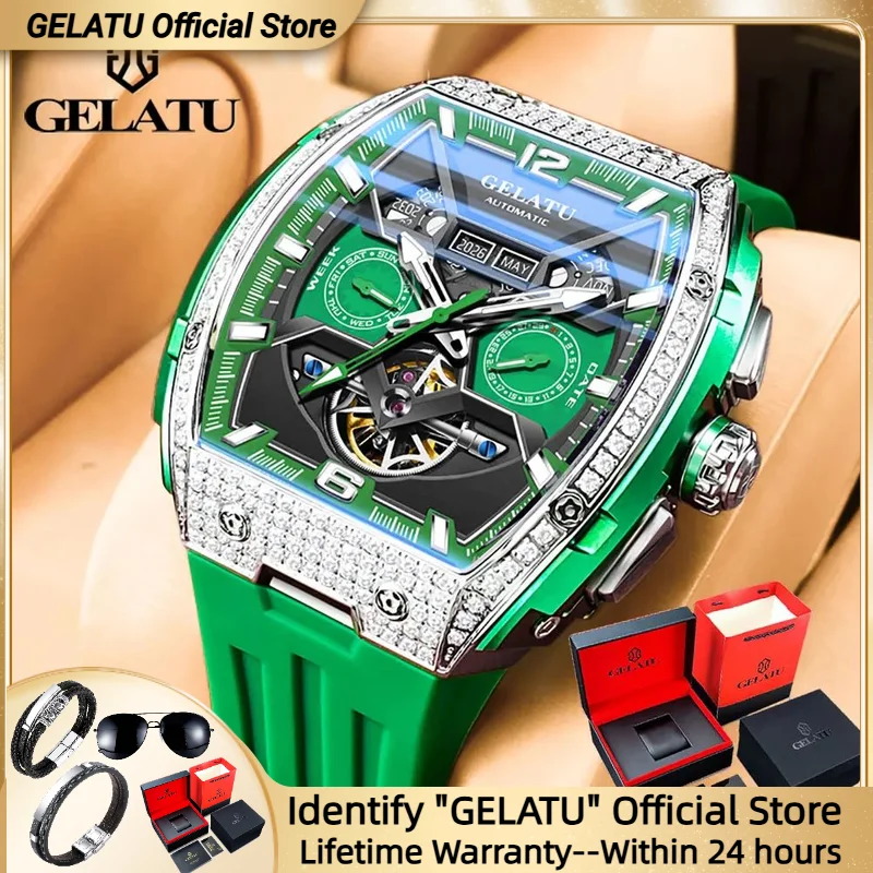 

GELATU Мужские часы с полным бриллиантом и турбийоном, многофункциональные высококачественные водонепроницаемые автоматические механические наручные часы с сапфировым зеркалом