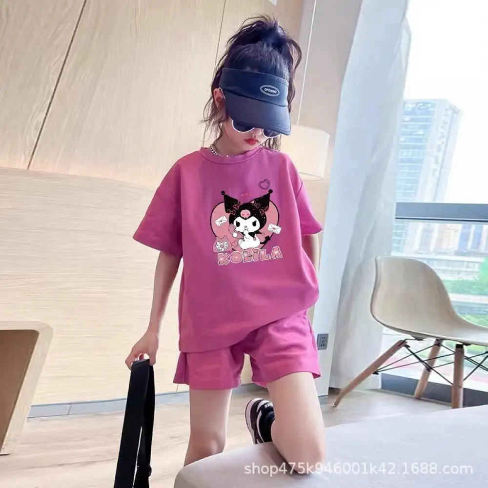 طقم تي شيرت كورومي للفتيات من سانريو شورت رياضي صيفي جديد بأكمام قصيرة مناسب مريح لطيف للأطفال بلوفر من النوع الثقيل وسراويل علوية #4