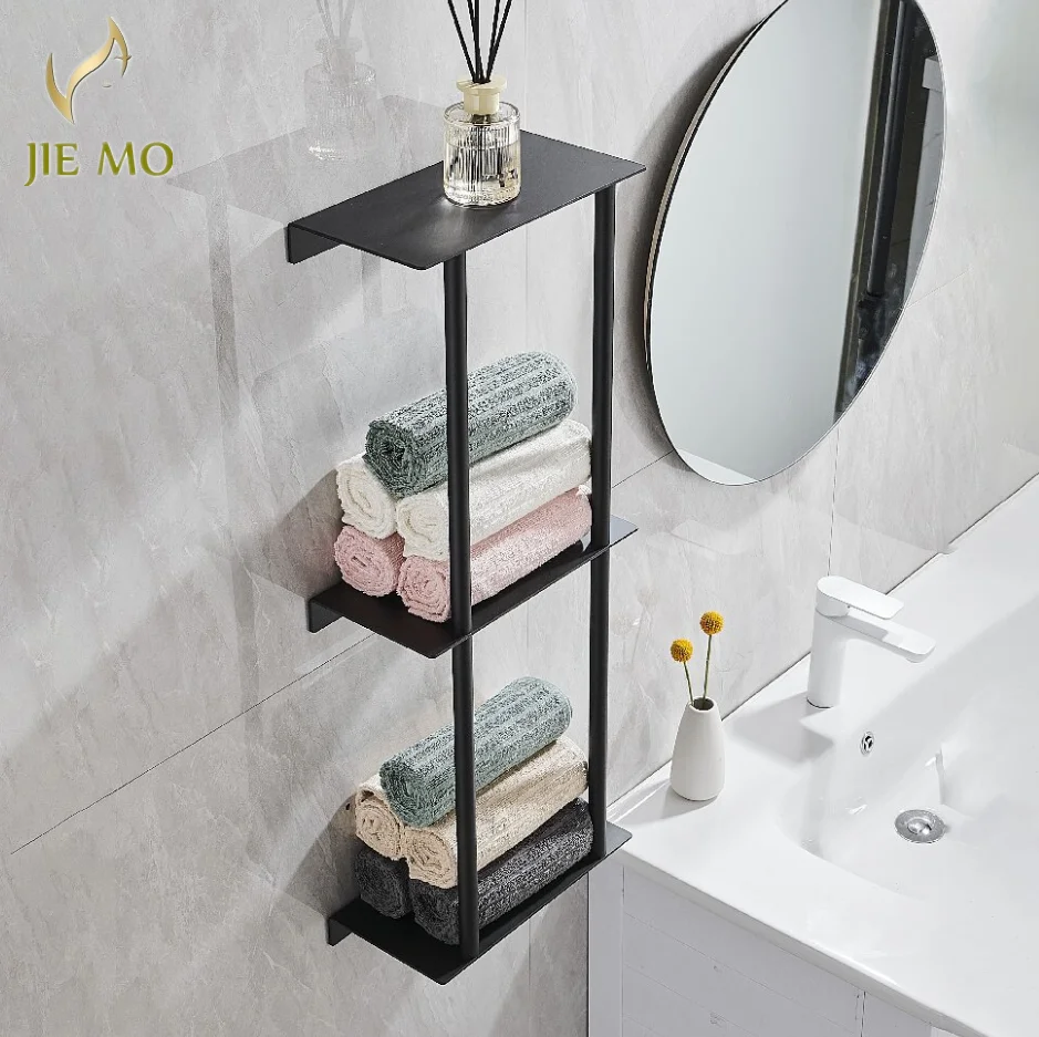 Wall mounted stainless steel towel rack Hotel Black multi-layer bath towel rack bathroom multi-functional storage rack