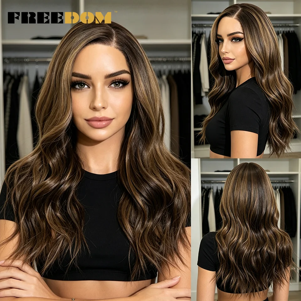 FREEDOM 6x4 Pre Plucked Synthetic Lace Front Wigs For Woman Natural Wavy Wear And Go Glueless Lace Wig Ombre Brown Daily Use Wig