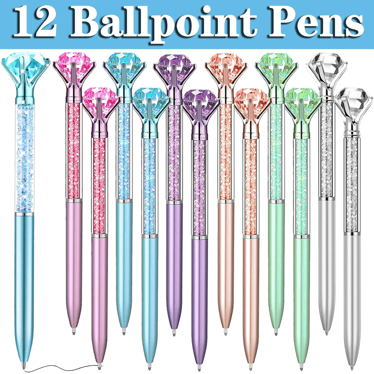 12Pcs Big Crystal Diamond Pens Metal Ballpoint Pen Office Supplies Gift Pens for Christmas Bridesmaid Wedding Birthday