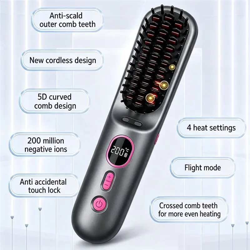 ABZA-Portable Cordless Hair Brush 4 Gears, 9000Mah Battery, LED Digital Display For Travel Hair Straightener