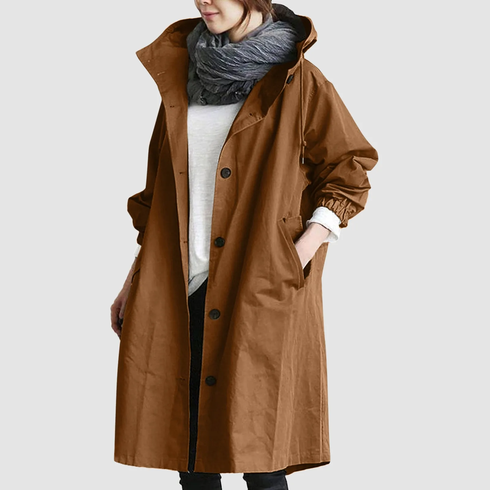 Trench lungo da donna alla moda da donna tinta unita elegante giacca a vento sciolto confortevole con cappuccio temperamento impermeabile da donna