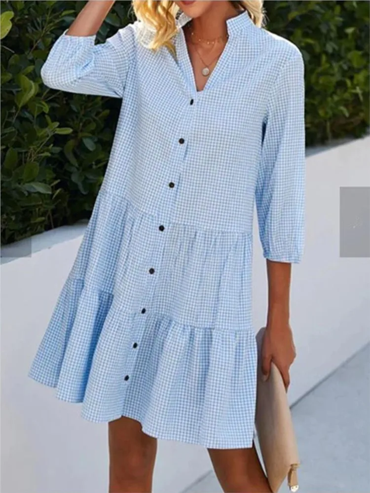 

Summer Beach Vacation Mini Dress Female Fashion Plaid Print Stand Collar Cardigan Dresses Ladies Elegant Half Sleeves Vestidos