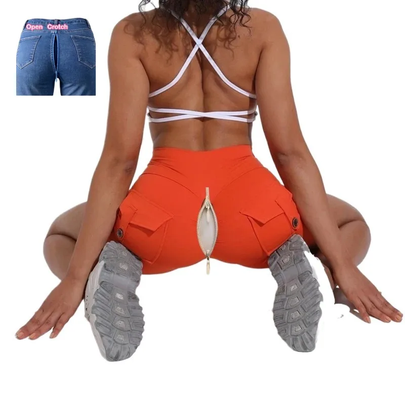 

Женские спортивные леггинсы с высокой талией, эффектом пуш-ап и карманами, с открытой промежностью, для фитнеса, сексуальные, подчеркивающие ягодицы