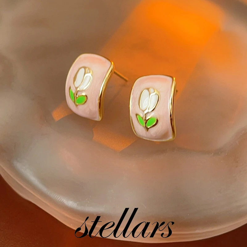 

Vintage Pink Tulip Earrings with Silver Posts, Enamel Flower Square Studs High-End Fashion Retro Earrings for Women
