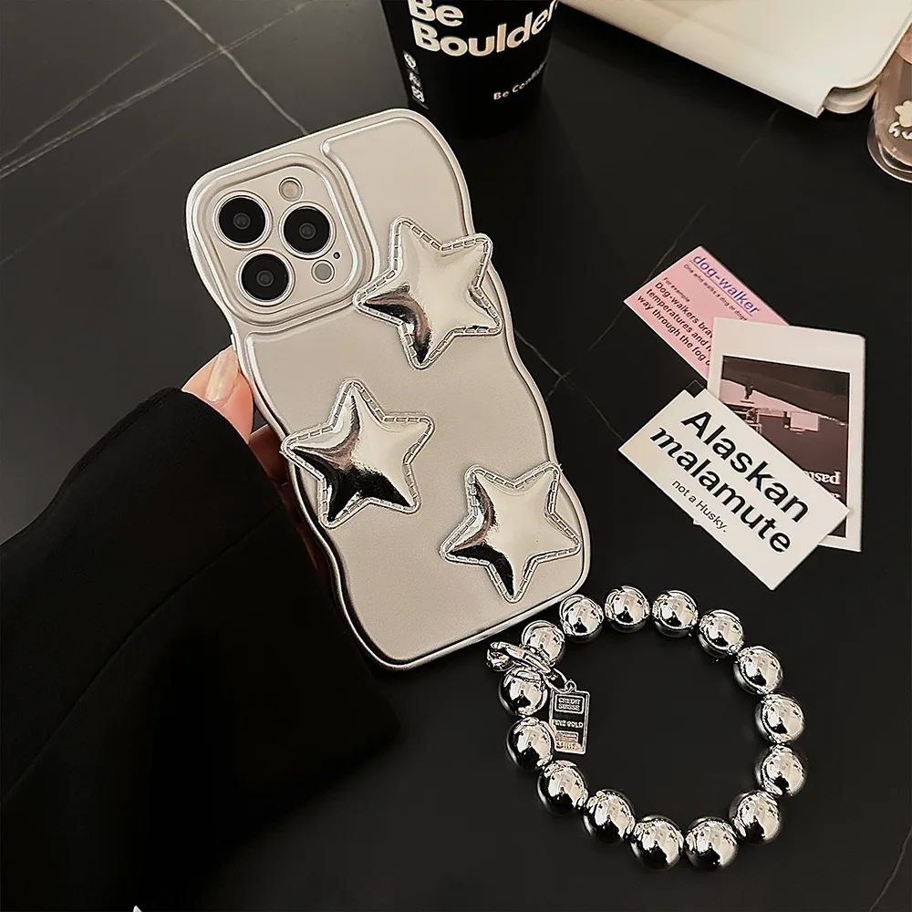 Koreanische 3D Puff Star Splitter galvanisierte Handyhülle mit Armbandkette für iPhone 16 15 14 13 12 11 Pro Max stoßfeste Abdeckung