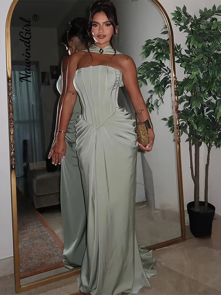 

Elegant Pleated Long Dress Women Sexy Strapless Fishbone Stripes Sleeveless Backless Party Dresses 2025 Summer Evening Robe Lady