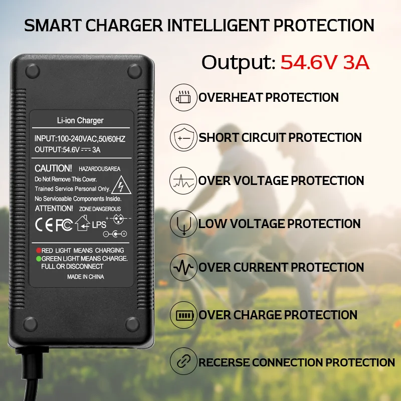 

Зарядное устройство XLR 3PIN 54,6 В 3 А Зарядное устройство для литиевой батареи электрического велосипеда для аккумулятора 48 В, универсальное зарядное устройство для электронного велосипеда и электронного скутера
