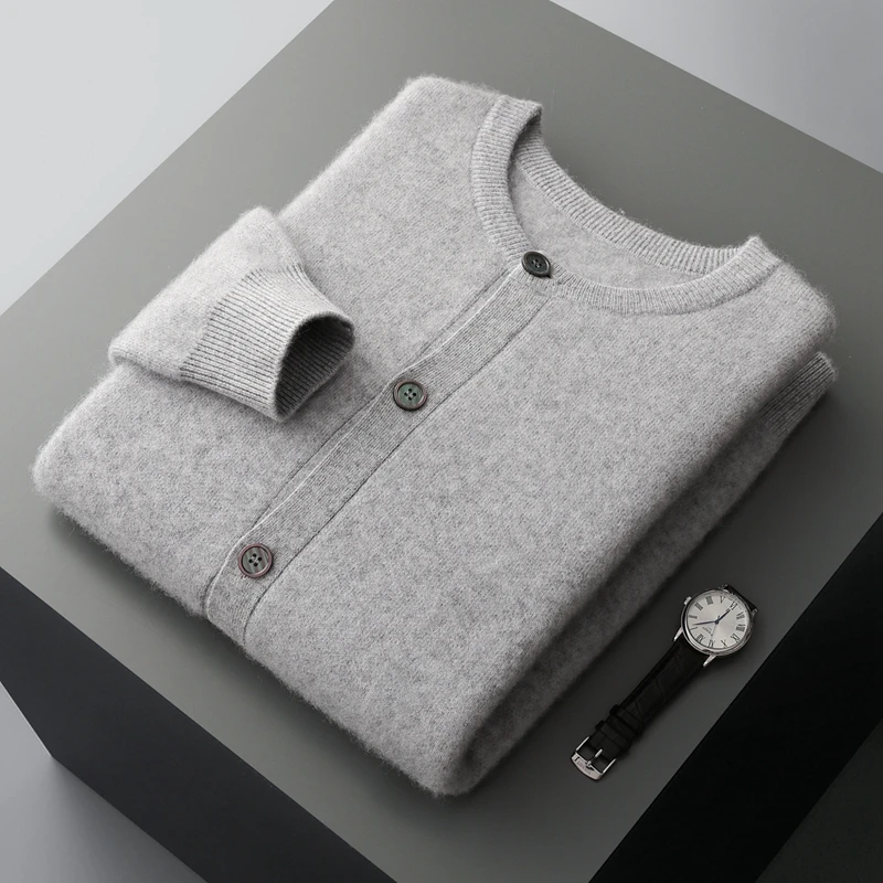 

2025 New Men Knitted Single-Breasted Cardigan 100% Pure Wool Sweater Round Neck Thick Warmth High quality Business Casual Tops
