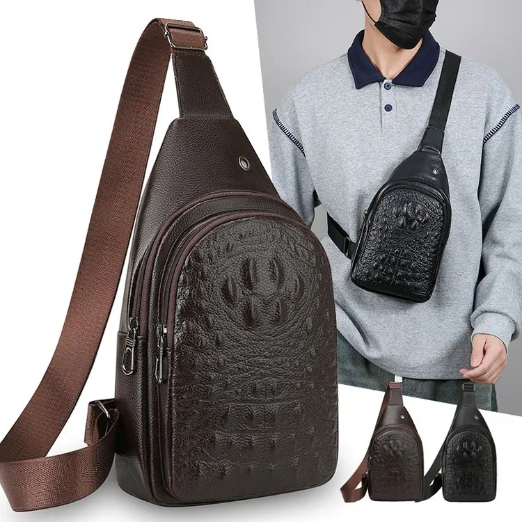 Men's Fashion Crocodile Pattern Soft Leather Crossbody Bag Casual Shoulder Bag Waterproof Diagonal Bag Leisure Backpack