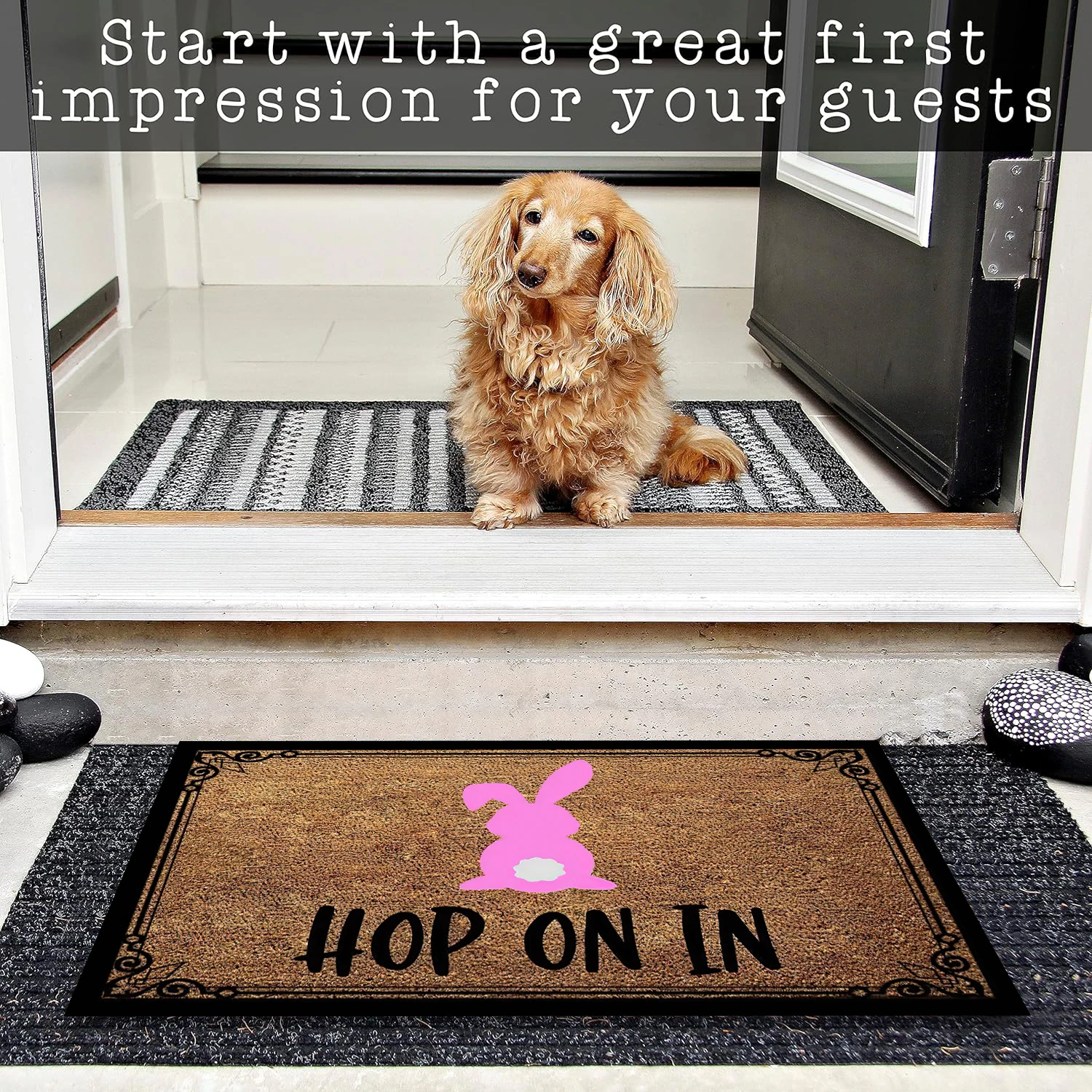 

Easter Bunny Welcome Doormat Outdoor Non-Slip Rubber Floor Foot Mat Hop On In Housewarming Holiday Room Decor Rug Home Door Mat