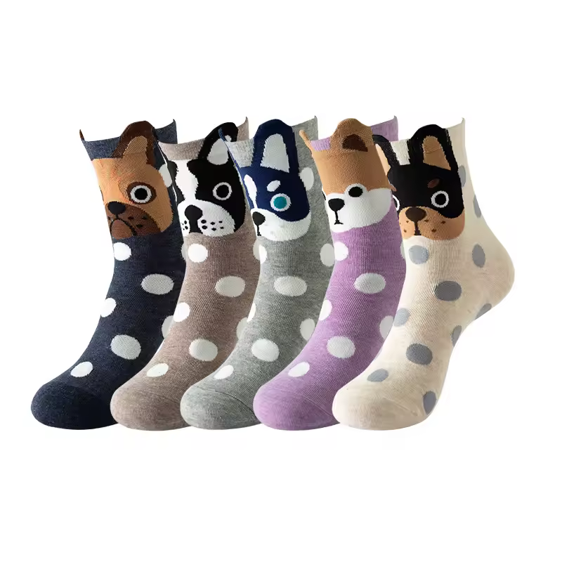 4 쌍 여성면 양말 귀여운 만화 면화 동물 양말 전투기 Shiba Inu 허스키 도트 개 여성 양말 Mid-calf Funny Socks