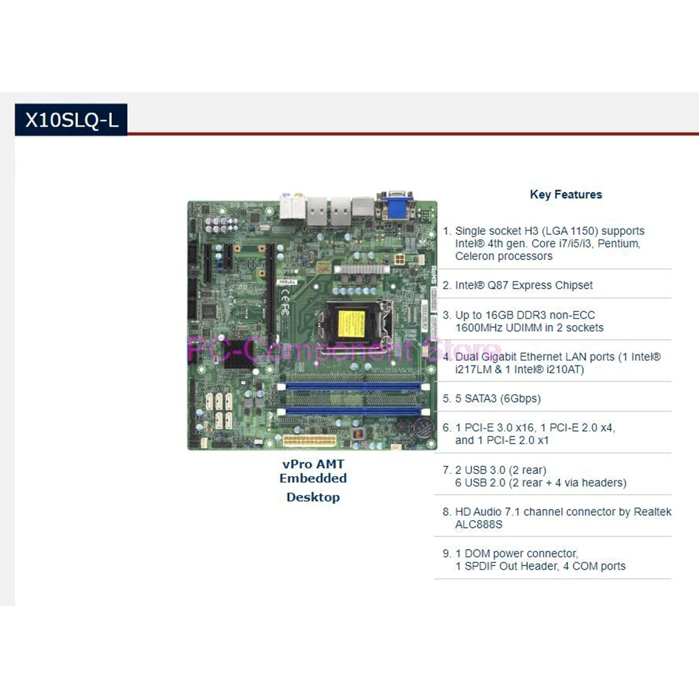 For Supermicro Embedded Desktop Motherboard 4th Gen. Core i7/i5/i3 Up To 16GB Non-ECC LGA1150 DDR3 X10SLQ-L