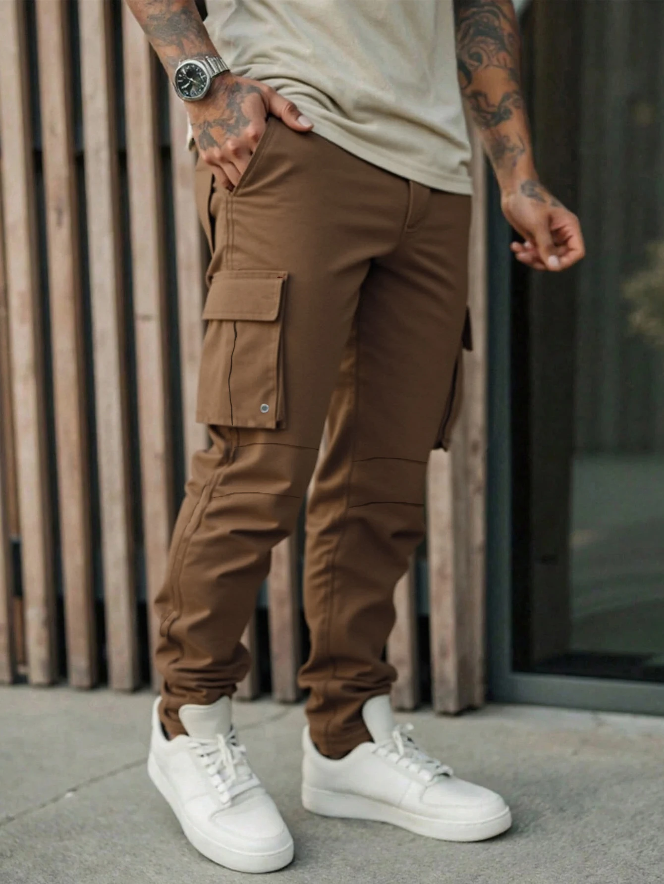 Men's Solid Color Drawstring Waist Cargo Pockets Casual Pants, Fall，Fashionable multi pocket outdoor hiking pants