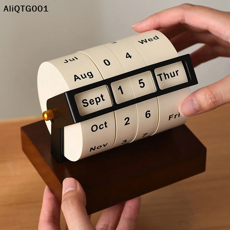 

Rotary Perpetual Desk Calendar Wooden Wheeling Month Week Day Date Display Reusable Home Office Calendar