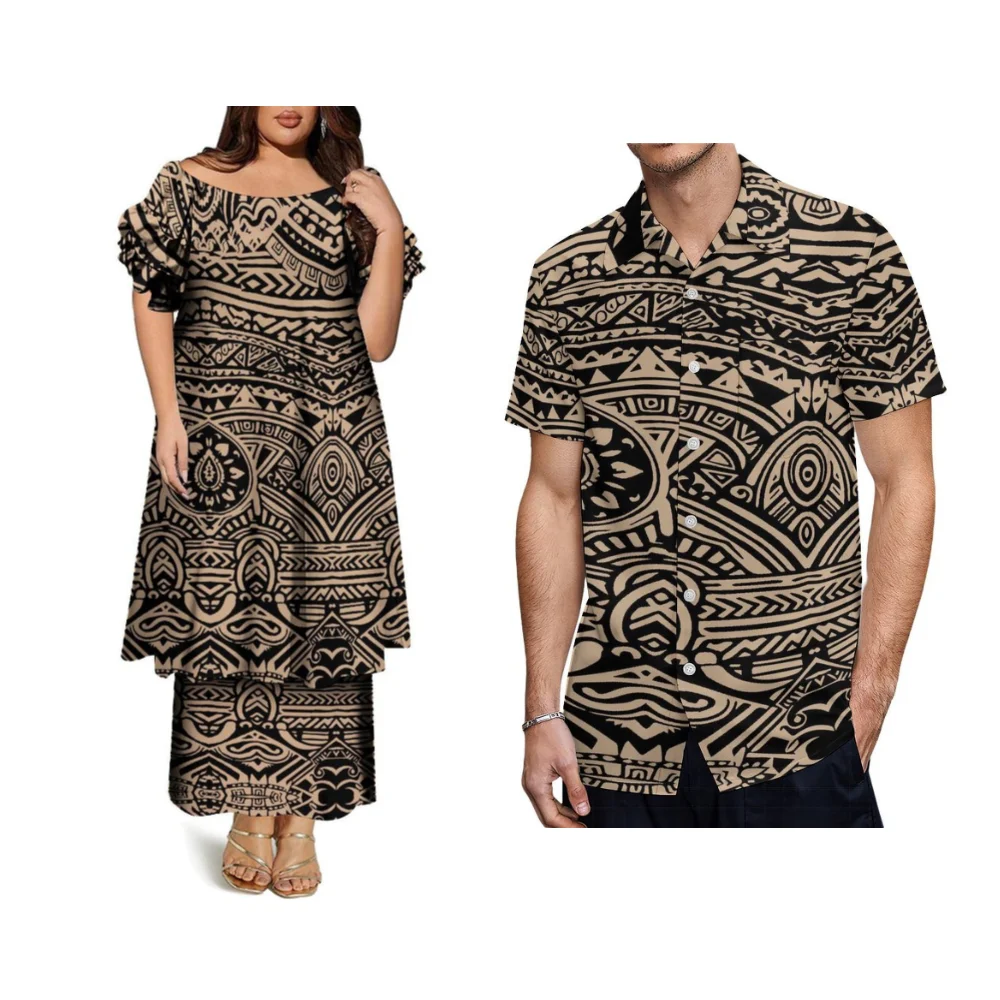 Summer Polynesian Custom Round-Neck Butterfly-Sleeve Double-Layer Skirt Set Puletasi Couple Women'S Dress Men'S Casual Shirt