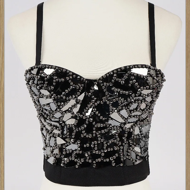 Złoty Steampunk zroszony diamentowe cekiny gorsetowe topy kobiety impreza w klubie nocnym gorset krótki top Push Up gorset Bralette biustonosz kamizelka — zdjęcie 7