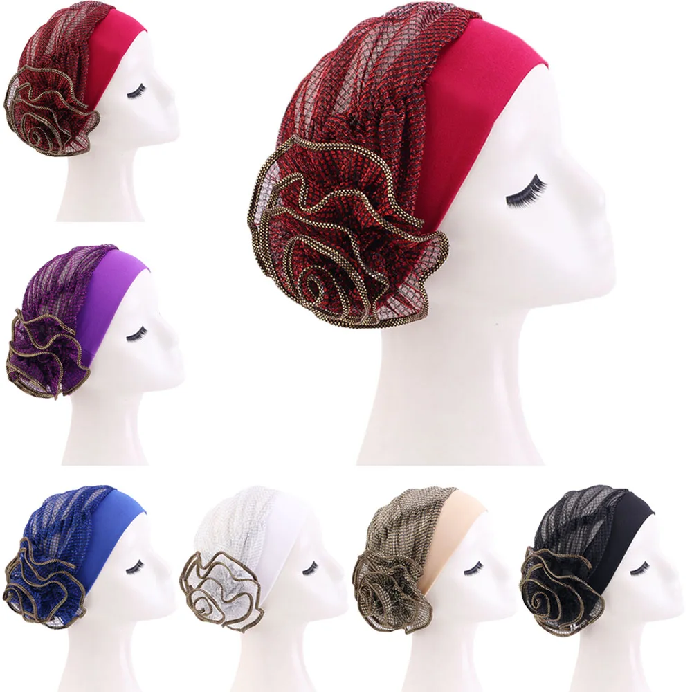 Fashion Big Flower Turban Hat Women Muslim Hijabs Cap India Cap Under Scarf Bone Bonnet Neck Cover Muslim Women Hair Accessories