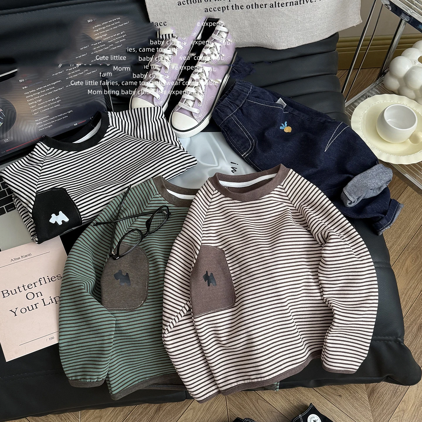 Bellbell Autumn Children Boys Tee 2-12Y Kids Boys Striped Long Sleeve Undershirts Cartoon Patched Pocket Babys Boy Pullovers Top
