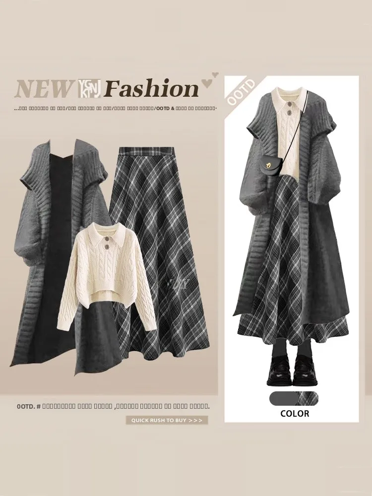 

Зимний винтажный вязаный комплект, женский длинный кардиган, свитер, тонкая юбка в клетку, футболка, костюм с высокой талией для колледжа