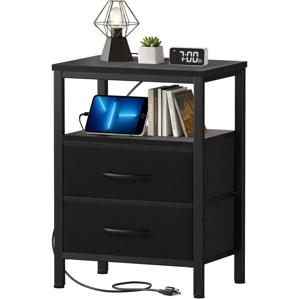 

Contemporary Nightstand with Built-in Charging Station, USB Ports, Fabric Drawers, and Open Storage Shelf for Bedroom in Black