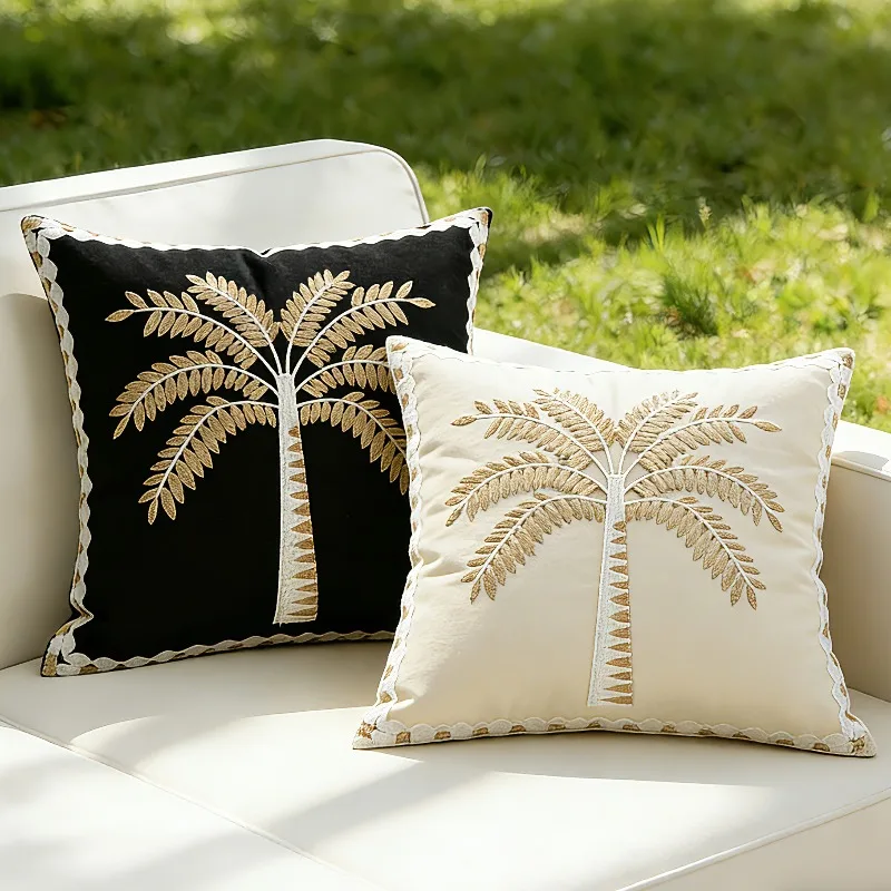 Palm Tree Embroidery Pillowcase Spring Summer Cushion Cover Decorative Country Vintage Floral Linen Cushion Case Pillow Cover