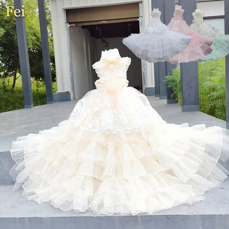 Pet Clothes Photography Dress Fashion Simple Light Green Pink White Beige Puppy Clothing Luxury Pearl Bow Long Tail Dress Poodle