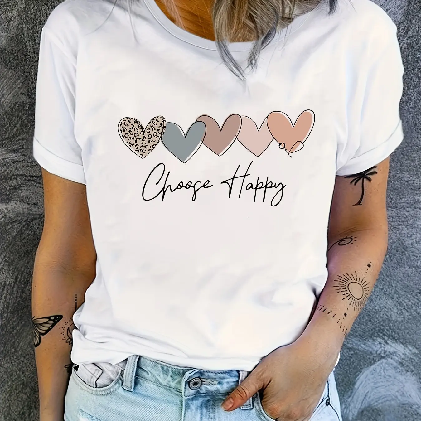 

Plus - Size Positive Graphic Tee, White Short - Sleeve with “Choose Happy” Print