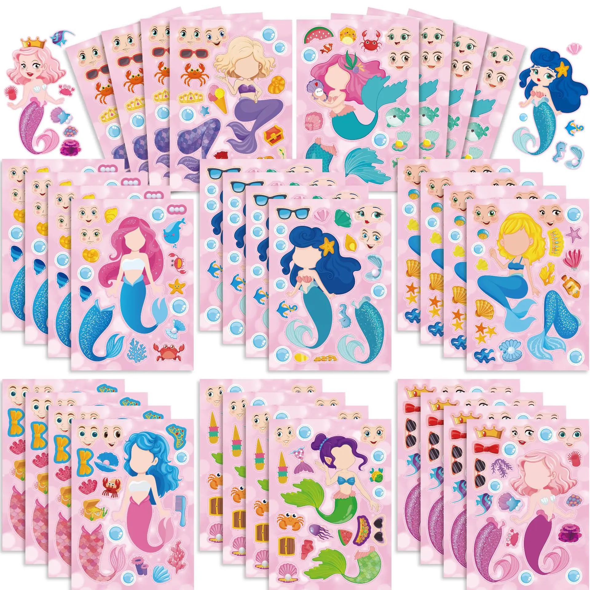 8/16Sheets Make Your Own Mermaid Stickers For Kids Funny Make a Face Jigsaw Children Girls Puzzle Sticker DIY Games Party Favor